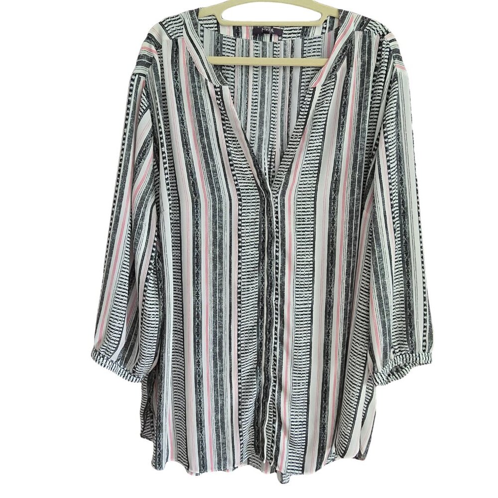 NYDJ Ivory & Black Vertical Striped 3/4 Sleeve Blouse 2X
